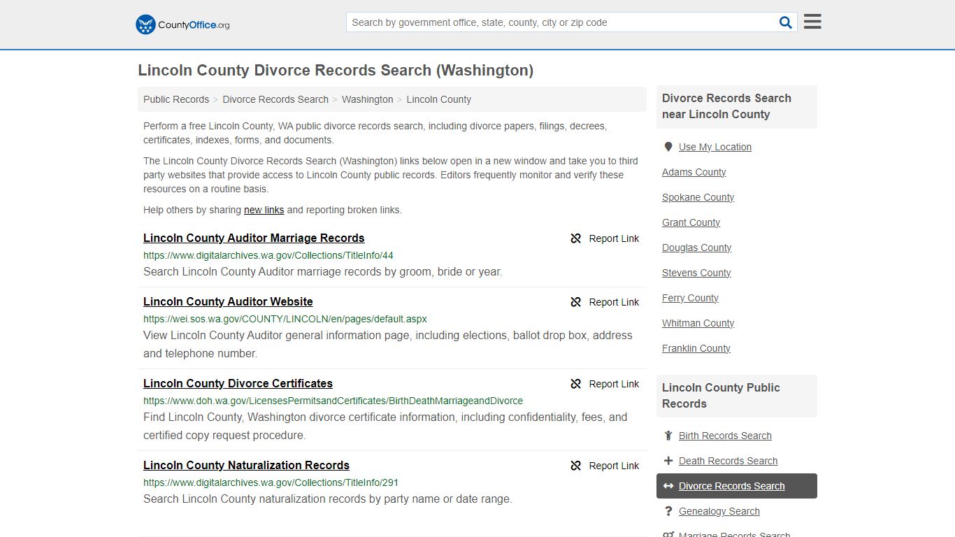 Lincoln County Divorce Records Search (Washington)