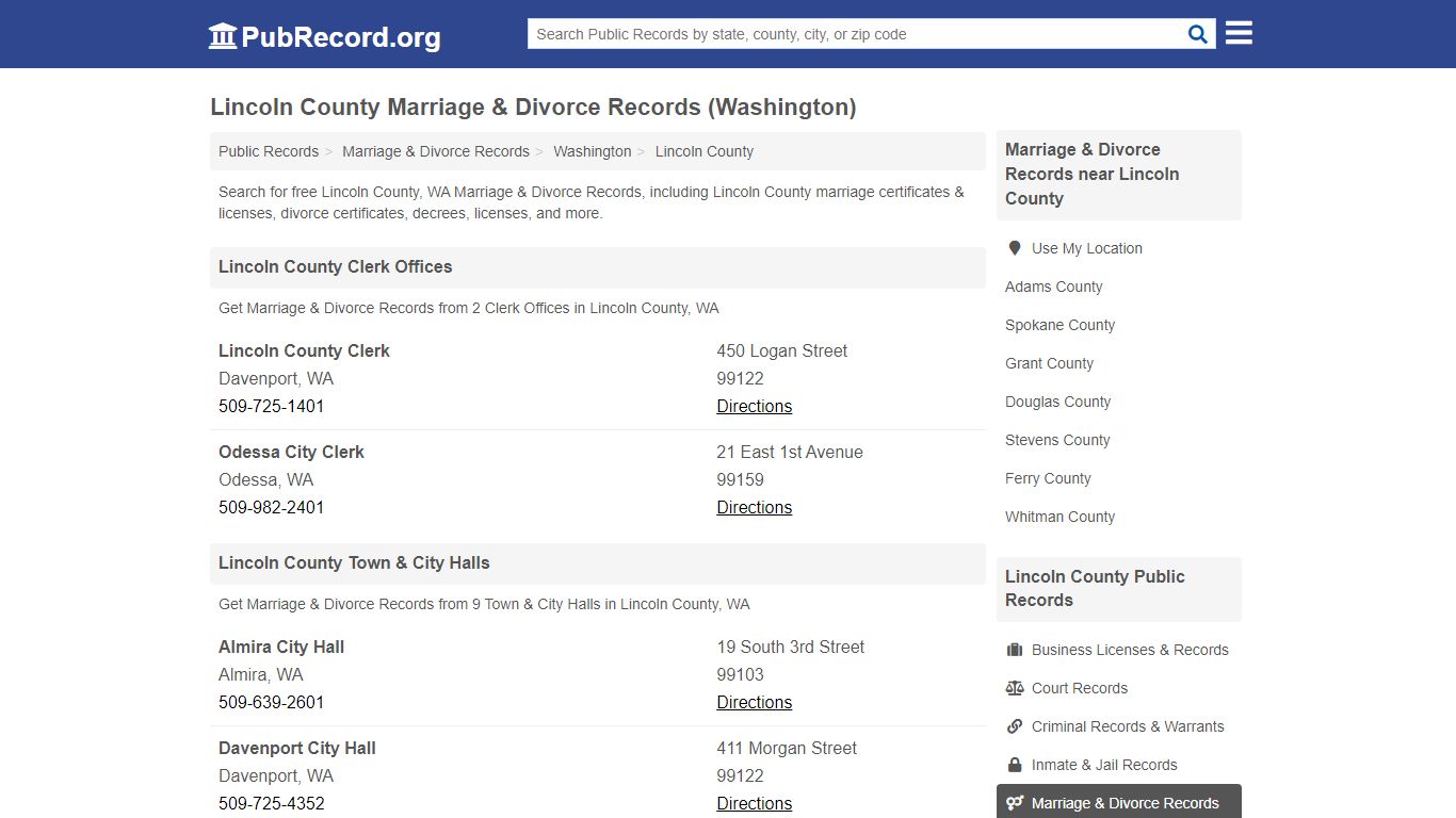 Lincoln County Marriage & Divorce Records (Washington)